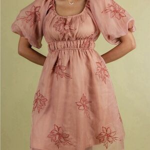 Roolee Dusty Rose Floral Embroidered Princess Sleeve Mini Dress